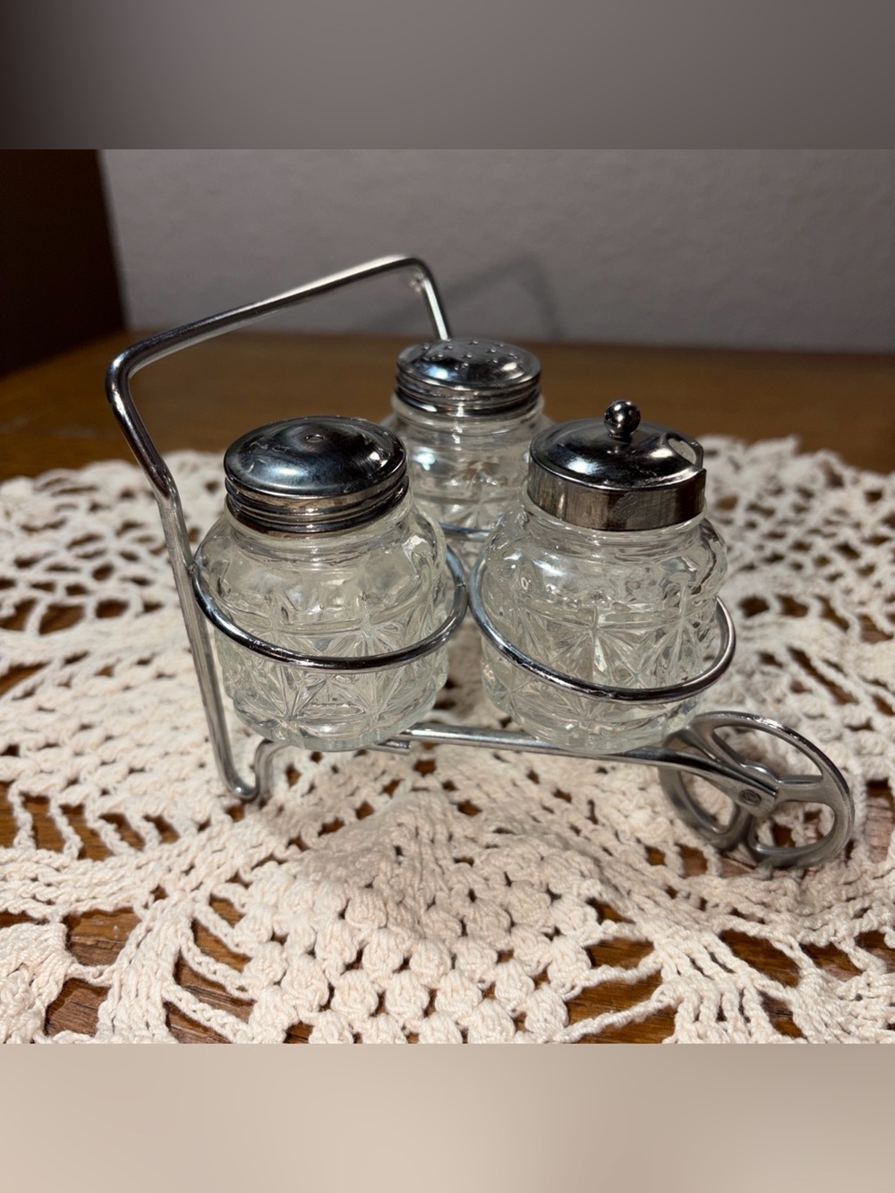 Vintage Glass Condiment Server with Silver-Tone Caddy